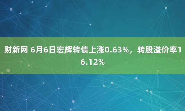财新网 6月6日宏辉转债上涨0.63%，转股溢价率16.12%